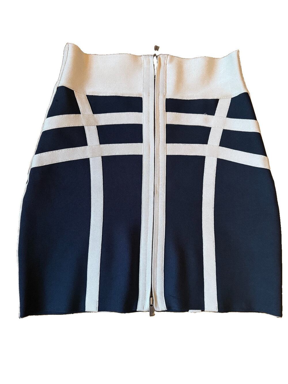 Herve Leger Bandage Mini Skirt M Navy Cream Geometric Bodycon Double Zip Y2K GUC